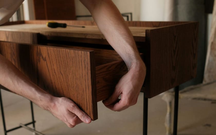 Hände setzen eine Schublade in ein fertig montiertes Sideboard aus Holz ein.
