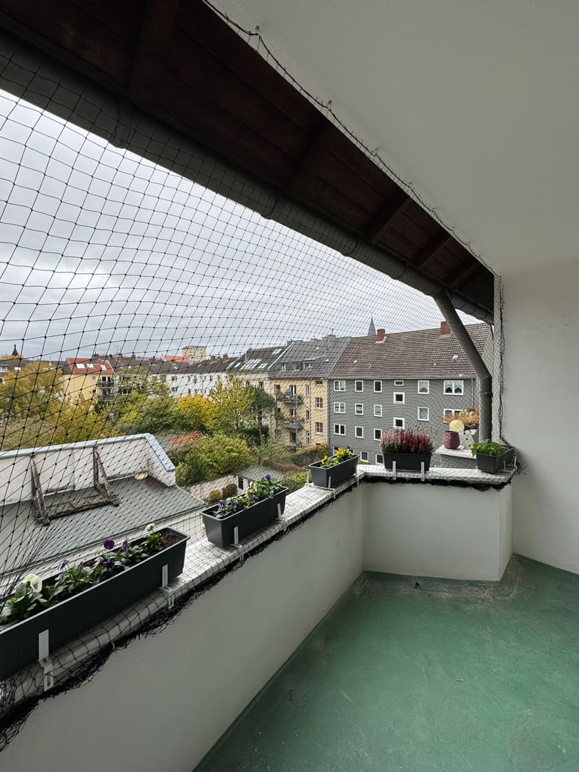 Fachgerecht montiertes Katzennetz zur Sicherung eines Balkons.